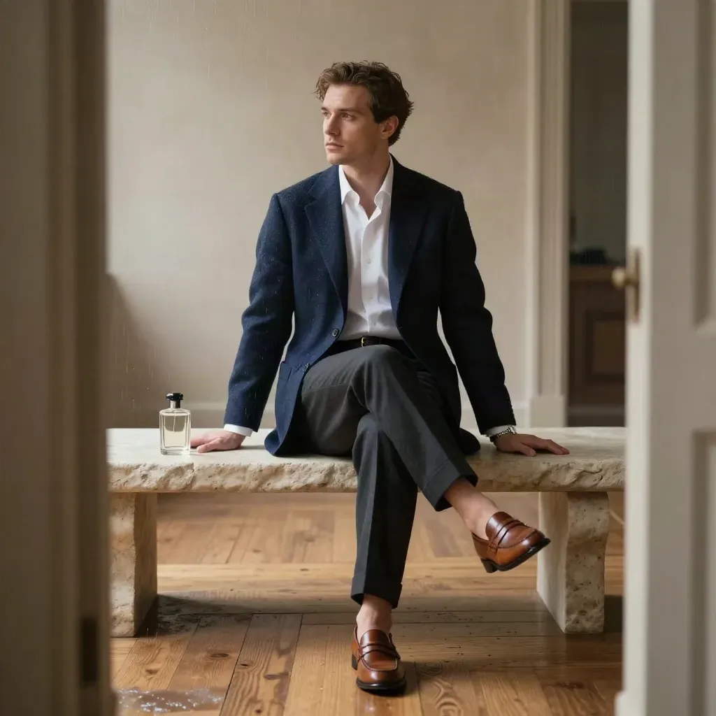 Rainlit dapper outfit laid on stone and wood with loafers and fragrance bottle.