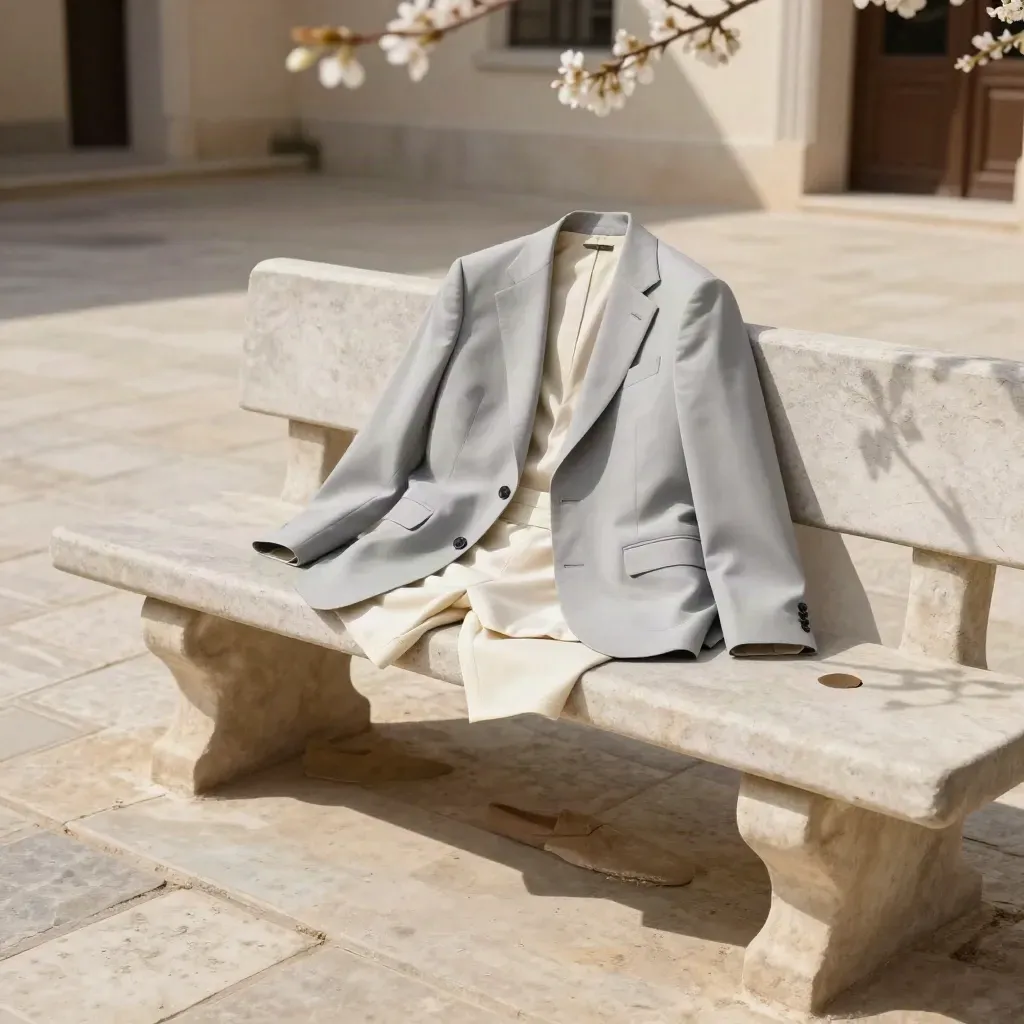 Grey suit jacket, cream trousers and tan loafers on a stone bench in a windy courtyard.