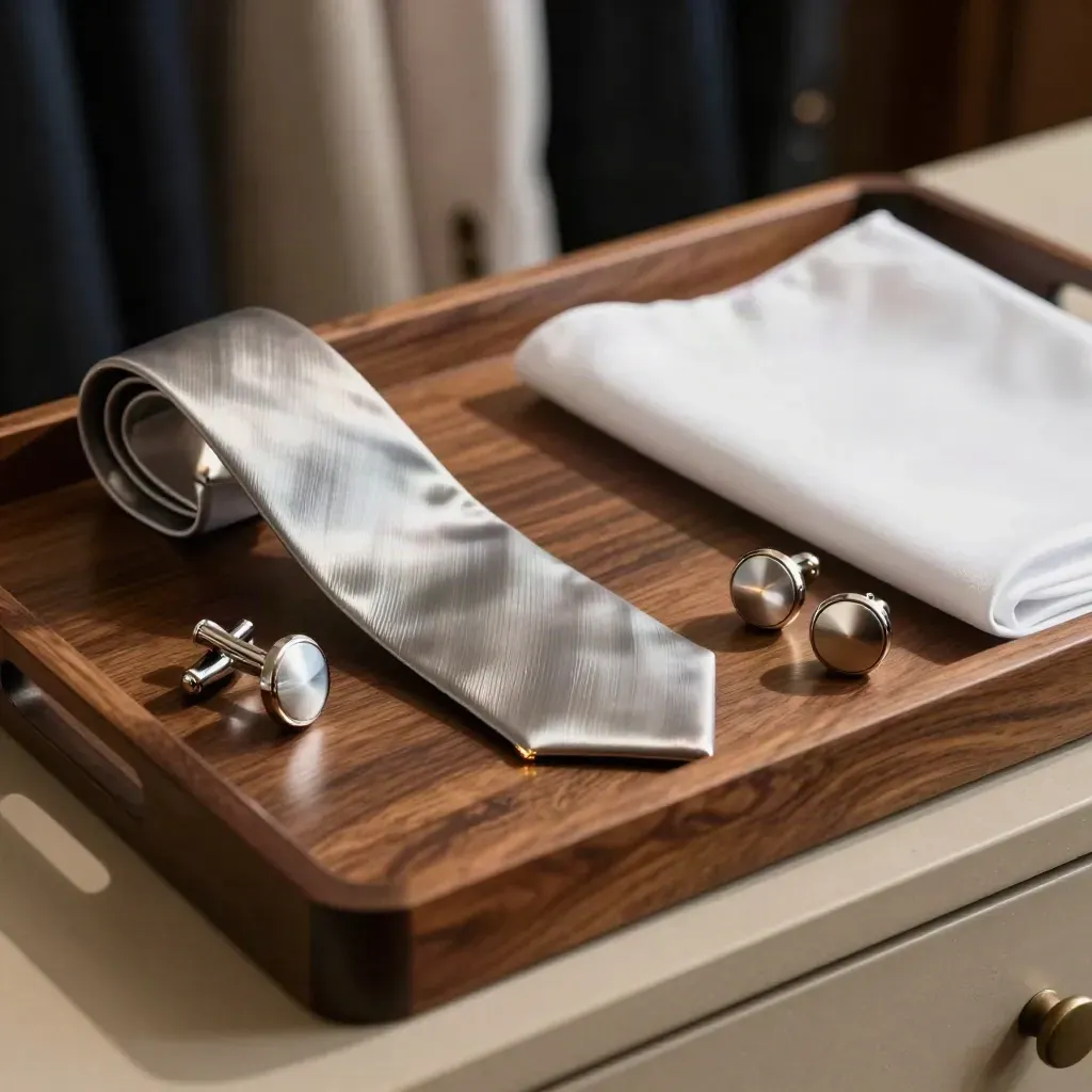 Silver tie bar, lapel pin, cufflinks and pocket square on a dark wood valet tray in warm light.