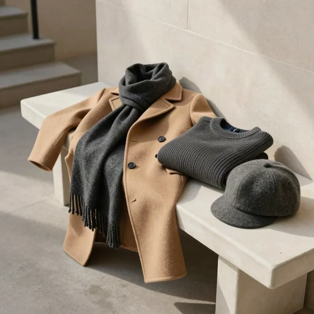 Camel overcoat, charcoal scarf, knit sweater, and wool cap on a plaster bench in cool morning light.